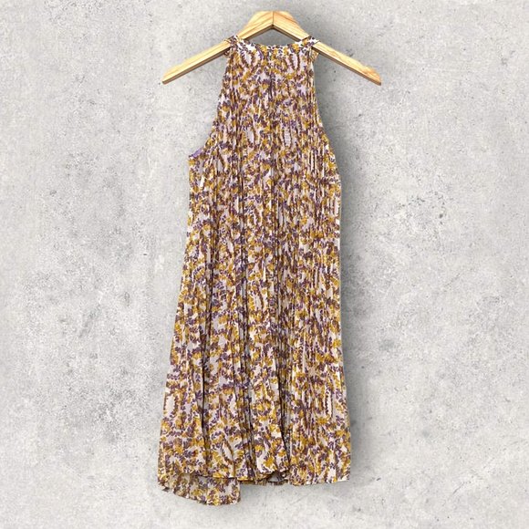 MELLODAY Women's Floral Pleat Dress Size S Sleeveless Yellow Purple - Picture 2 of 8